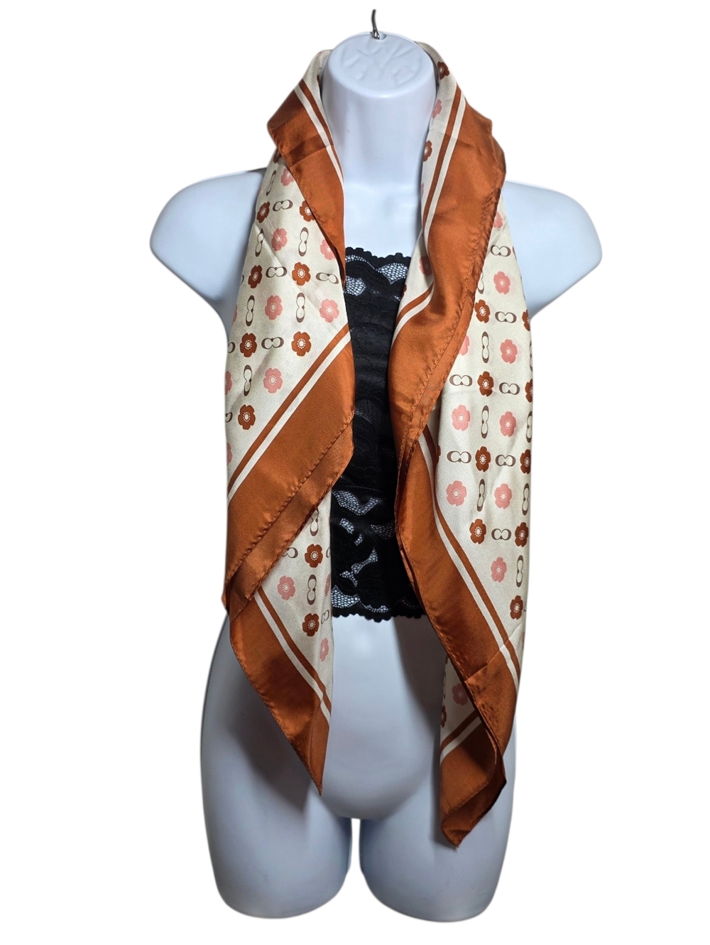 Coach Women's Scarf with Floral Print in Brown and Cream, Silk-Effect - Picture 3 of 13